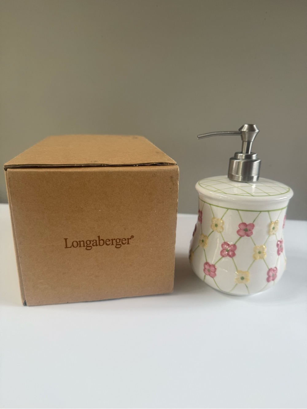 Longaberger Dogwood Porcelain Soap Dispenser - White with Pink & Yellow Flowers